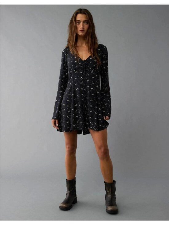 American Eagle Outfitters Pants - American Eagle Long Bell Sleeve Romper 70s Black White Bow Print Twee Fall Prep
